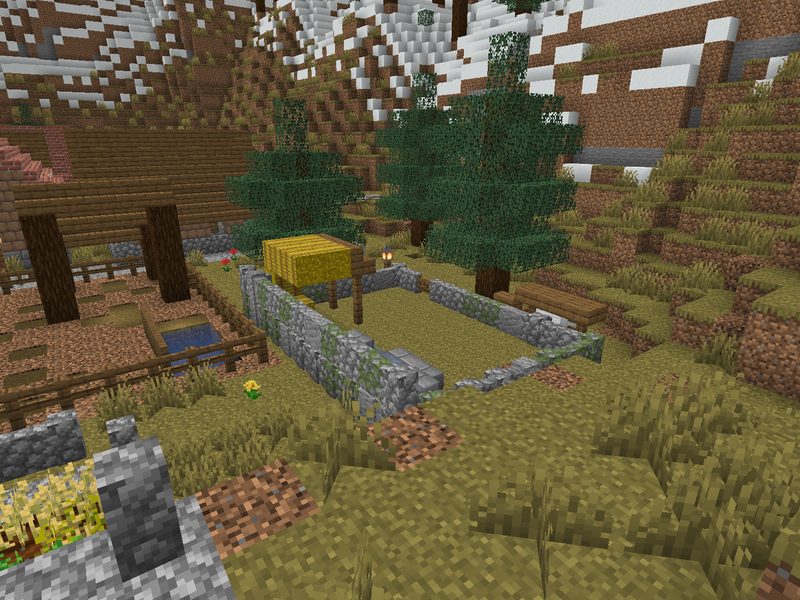 El corral de llamas de Huayllapampa, pueblo de altura del juego: pircas de piedra, bebedero, cobertizo de madera y paja, al pie de montañas nevadas.