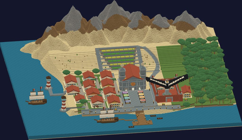 Render isométrico de la isla del Callao construida con bloques: montañas, andenes, ciudad colonial, catedral, mercado, fortaleza con un gran cóndor, puerto y dos galeones.