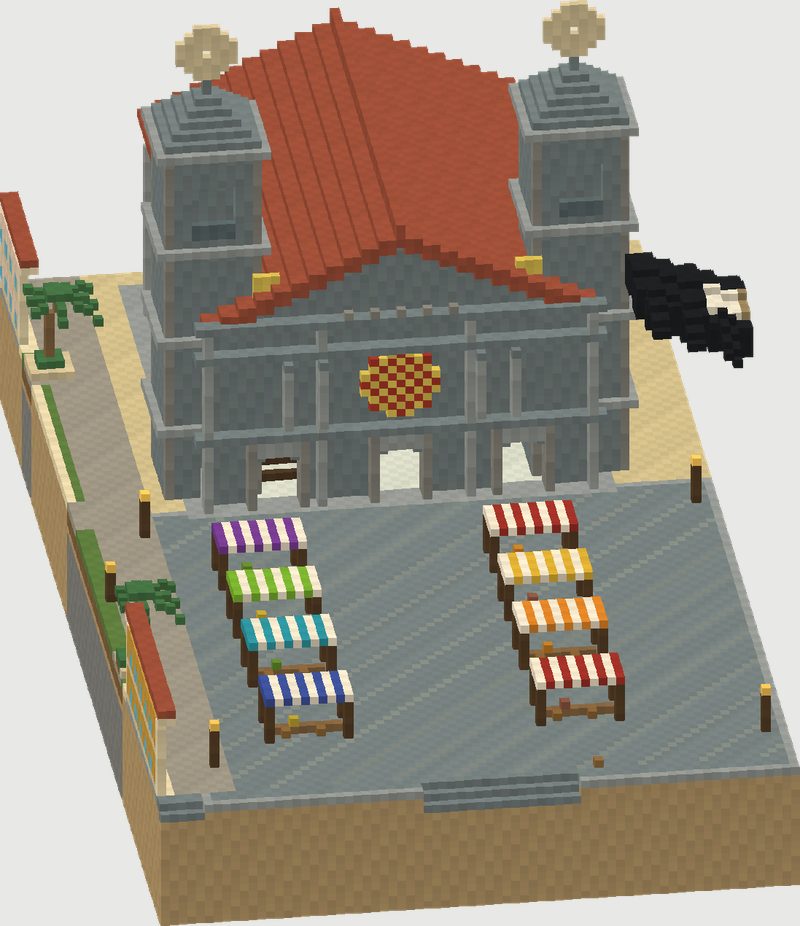Render isométrico de la Catedral del Mar y del Mercado Mayor, con sus puestos de toldos a rayas de colores.