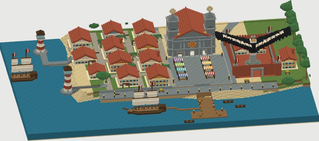 Render isométrico del puerto del Callao: casas con tejados de teja, catedral, mercado, fortaleza con un cóndor de alas abiertas, muelle, embarcadero y galeones.