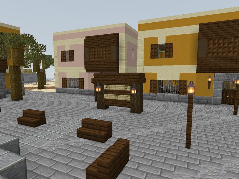 Tablero de avisos Willana en la plaza principal de Lima, ciudad del juego inspirada en Lima: paneles de madera, faroles, bancas y fachadas de colores.